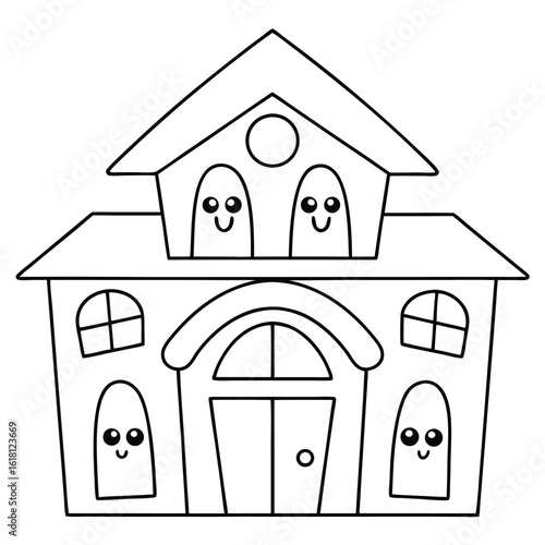 Cartoon haunted house with silly ghost windows spooky