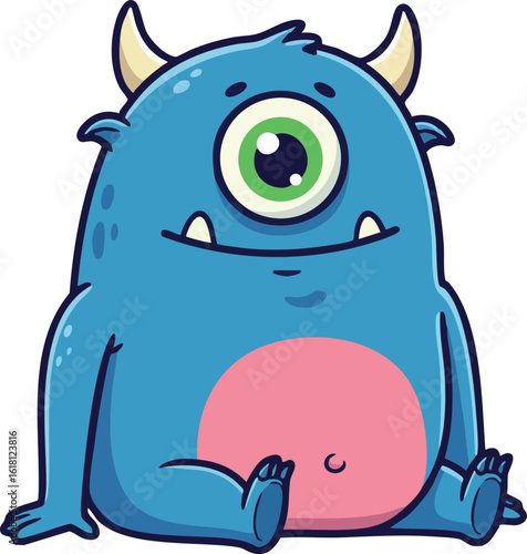 Cute blue one-eyed cartoon monster with horns and pink belly sitting vector illustration 