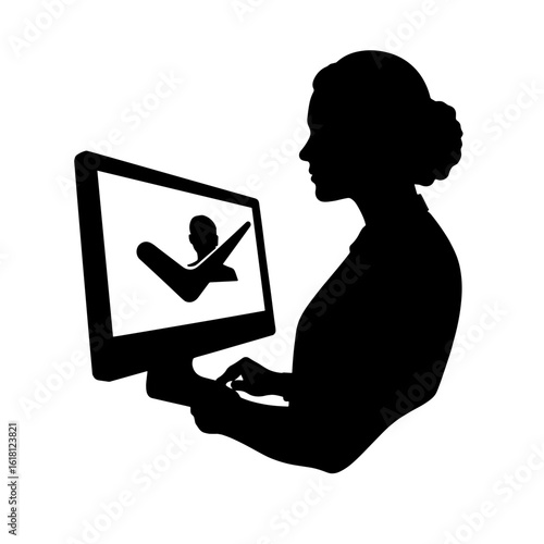 Silhouette of candidate profile on computer screen with checkmark – Talent selection, digital screening