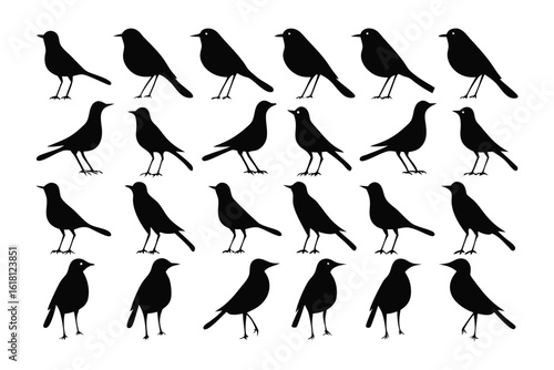 Silent flock silhouette: A captivating visual of a flock silhouette with dark avian figures, each poised in a unique posture against a minimalist backdrop.