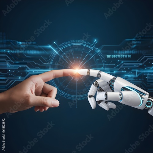 Human and robot fingers touching symbolizing artificial intelligence connection