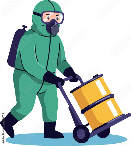 Worker in Protective Suit Pushing Yellow Barrel Trolley Safety Hazard Handling Equipment 