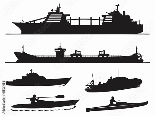 Vector art of various types of maritime vessels including cargo ships, ferries, and recreational boats in silhouette