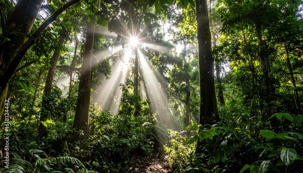 Obraz premium Sunlight streams through tropical forest canopy