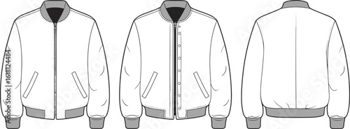 Bomber jacket flat sketch front and back, zip and button style, fashion technical drawing, clothing cad template, vector illustration
