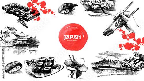 Japanese food hand drawn frame. Vintage sketch sushi vector illustration set