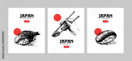 Japanese food hand drawn poster set. Vintage sketch sushi banners. Vector illustration