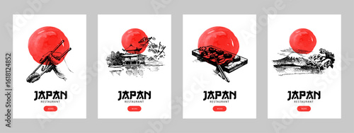 Japanese food hand drawn poster set. Vintage sketch sushi banners. Vector illustration