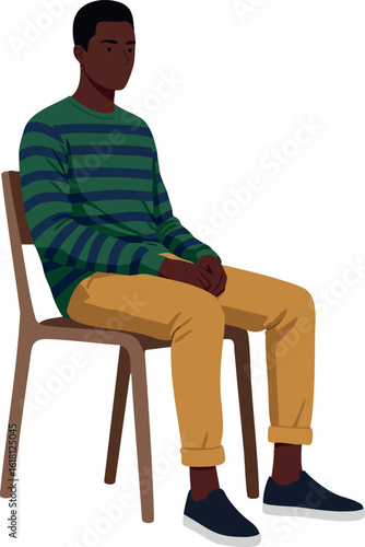 Young man sitting on chair wearing striped green sweater and yellow pants vector illustration 