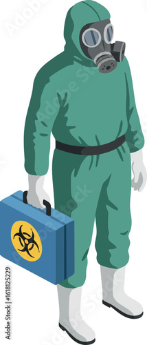 Person wearing protective hazmat suit with gas mask holding biohazard case vector illustration 