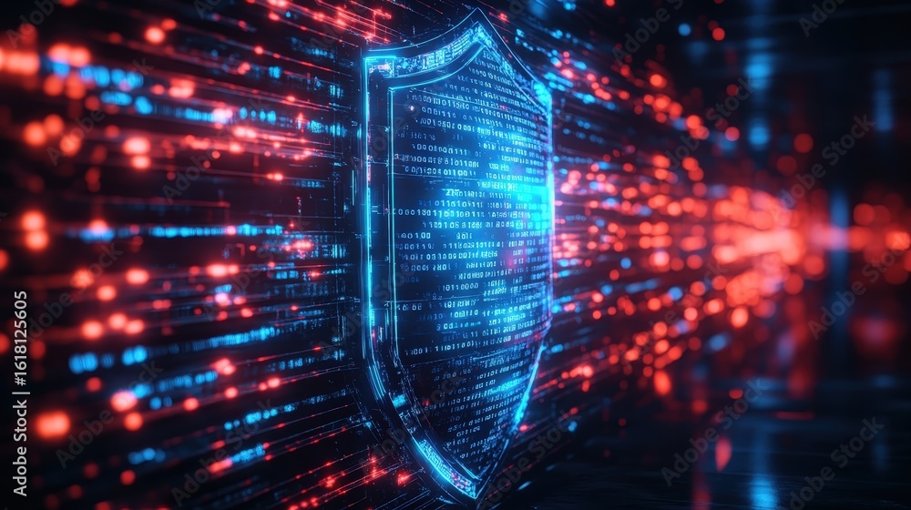 Fototapeta premium A glowing blue digital shield hovers in cyberspace, surrounded by streaks of red light and data streams, symbolizing powerful cybersecurity, protection, and data defense in a high-tech world