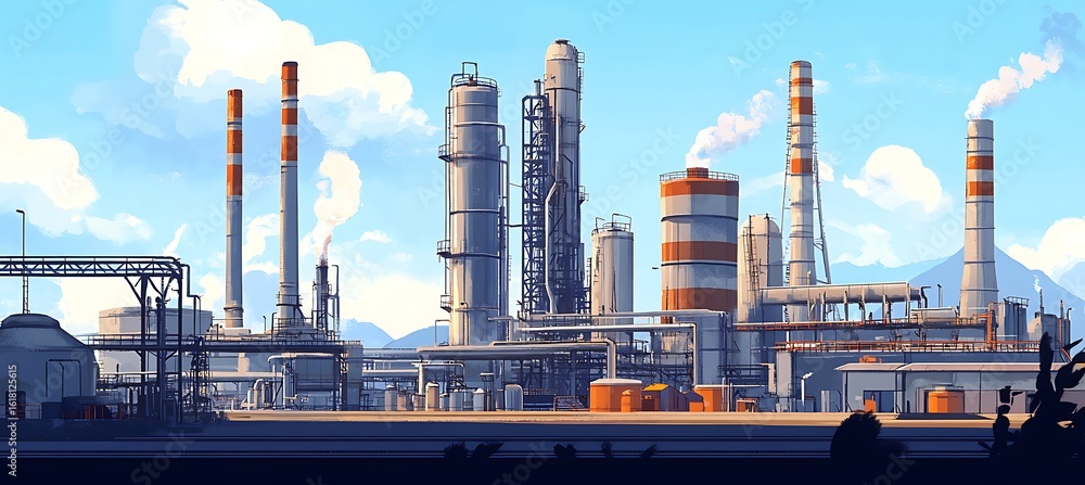 Fototapeta premium Illustration of a large industrial complex with multiple towers and chimneys emitting smoke