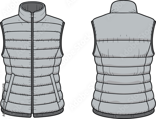 Puffer vest front and back flat sketch, sleeveless winter jacket design, fashion cad drawing, technical apparel vector template