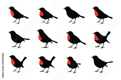 Robins Silhouette Array: A pattern of stylized silhouette robins in varied poses, showcasing the iconic shape and color of these beloved birds.