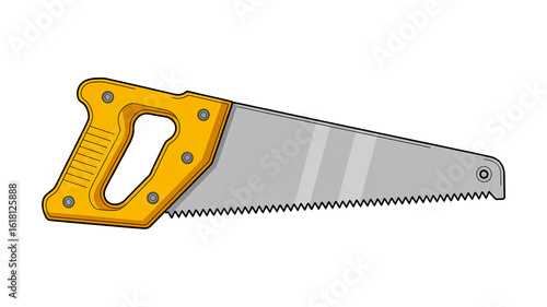 A digital illustration of a hand saw with a bright yellow plastic handle and a gray metal blade. The blade has a standard crosscut saw tooth pattern with sharp, alternating points.
