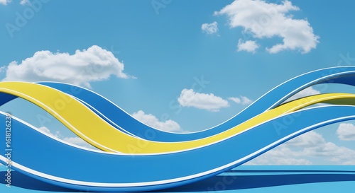 3D abstract wave structure with blue and yellow curves, minimal design for modern background