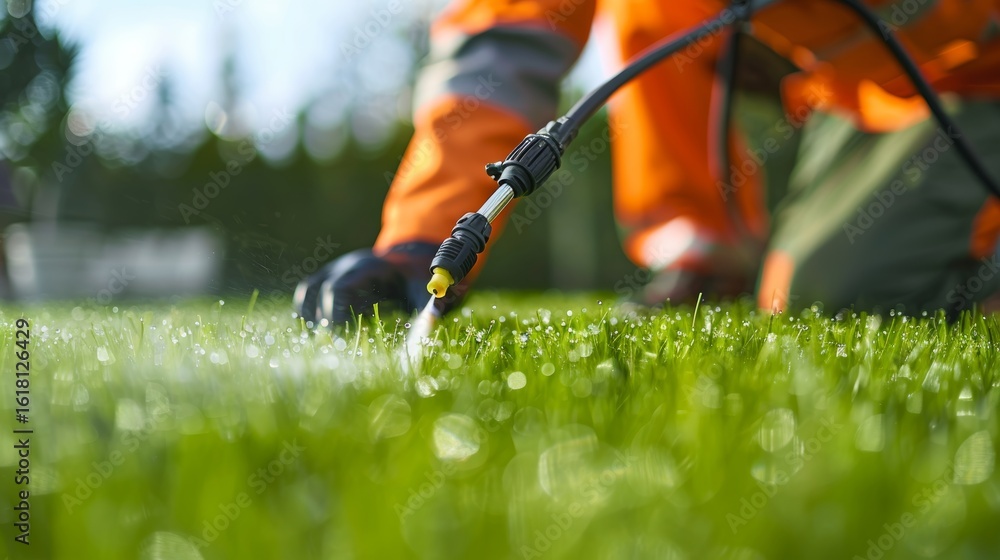 Naklejka premium Worker applying pest control solution on a vibrant green lawn for efficient pest management