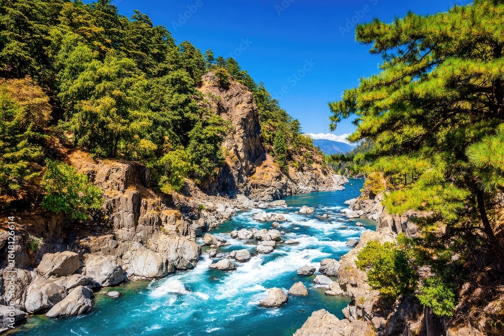 Fototapeta premium Turquoise river flowing through rocky gorge, lush forest