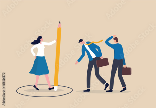 Personal space, privacy or work boundary to limit access and protect from people, introvert or safe zone concept, businesswoman using pencil to draw personal space circle to protect from coworkers.