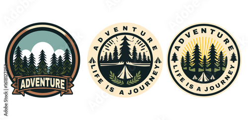 Inspiring adventure awaits with camping journey in nature's embrace, perfect for outdoor travel logos