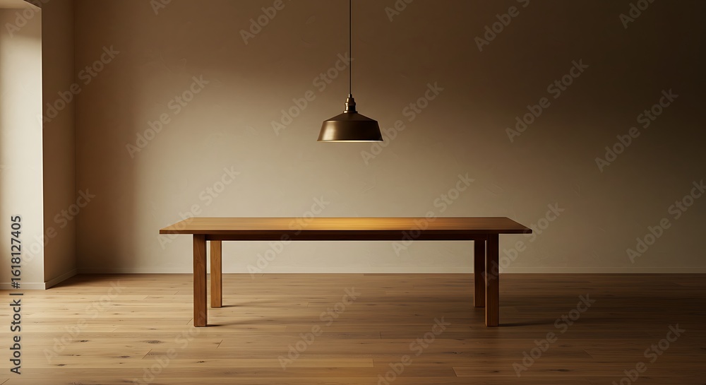 Obraz premium A minimalist interior design concept with a single wooden table placed under a modern pendant lamp in a spacious, empty room
