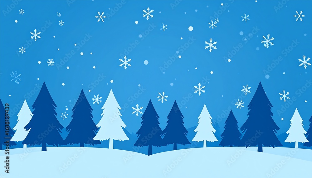 Fototapeta premium Winter wonderland vector illustration with trees and snowflakes on blue background