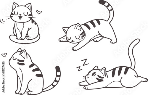 Vector art of a collection of adorable cartoon cats in various poses, showcasing their playful and sleepy nature