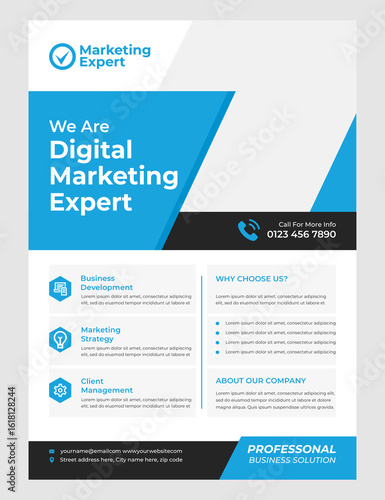 Corporate Digital Marketing Flyer Design Template with Blue and White Theme