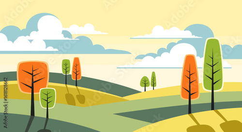 Abstract panoramic nature background featuring stylized trees on rolling green hills in a modern flat vector art style