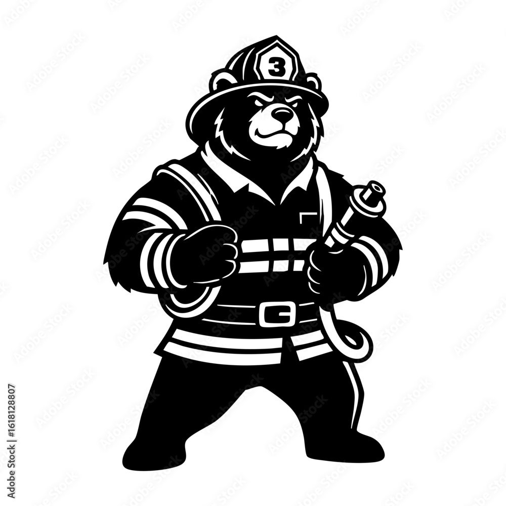 Fototapeta premium Firefighter Bear with Helmet and Hose vector- Black White Rescue Vector Logo