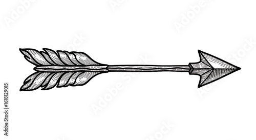 A sharp, black feather quill and an isolated metal drill bit rest beside a striking black and white bow and arrow on a clean white background