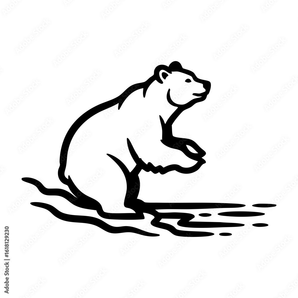 Fototapeta premium Bear Fishing by Water Edge Silhouette - Black White Wildlife Vector Logo
