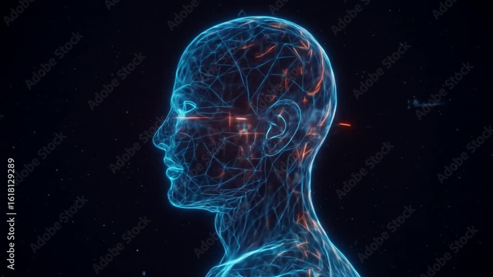 Futuristic Digital Human Face Scan with Neural Network Visualization in High Tech Environment Futuristic Digital Human Face Scan with Neural Network Visualization in High Tech Environment