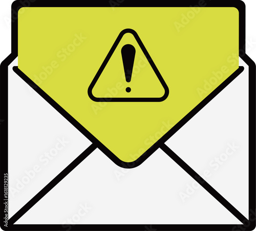 ウイルスやスパム警告、注意マークを示すメールアイコンのベクターイラスト。サイバー攻撃や情報漏洩、フィッシング詐欺の注意喚起に適したグラフィック素材