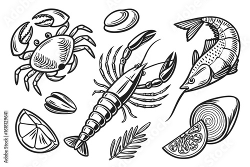 Vector art of a delightful monochrome vector illustration of assorted seafood delicacies with lemon slices