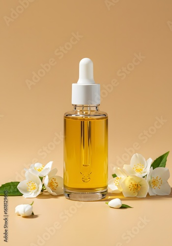 Minimalist Jasmine Essential Oil Dropper Bottle with Flowers, Clean Cosmetic Product Photography for Wellness and Beauty