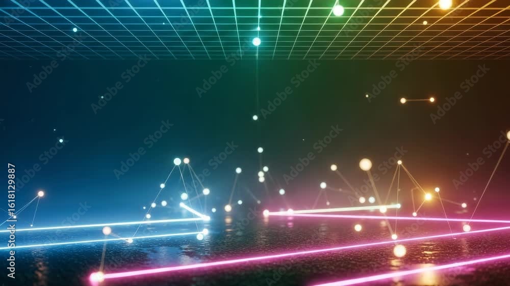 A vibrant digital landscape featuring glowing lines and points of light against a dark background creating a futuristic atmosphere ideal for technology and innovation themes