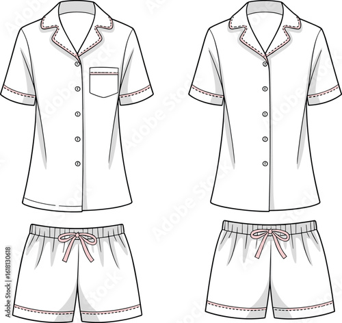 Women’s short sleeve pajama set, front and back cad sketch, button top with shorts, fashion flat, vector illustration drawing