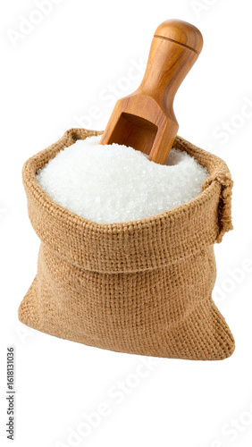 burlap sack filled with white granulated sugar