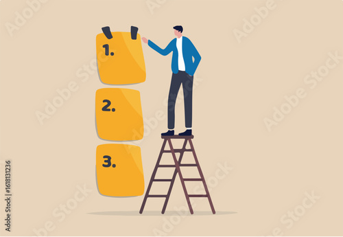 Set work priority, arrange to do list which job to do before and after, task management concept, young entrepreneur businessman manage to prioritize sticky note with number first, second and third.