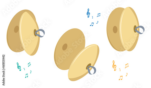 Isometric set of copper cymbals, a musical percussion instrument top aerial view. Realistic 3D vector concept isolated on white background