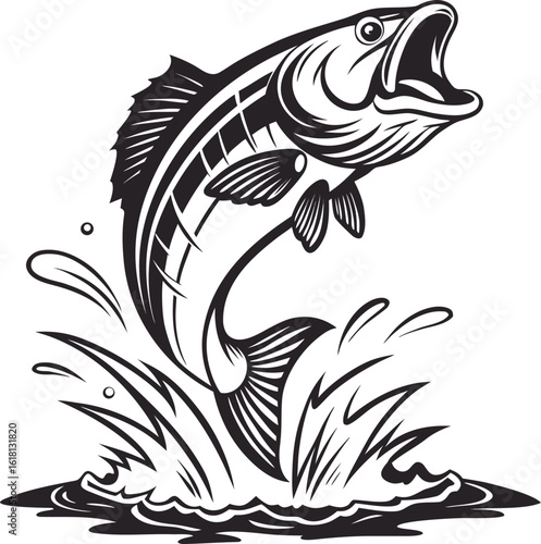 Vector art of a dynamic black and white vector illustration of a bass fish leaping out of the water