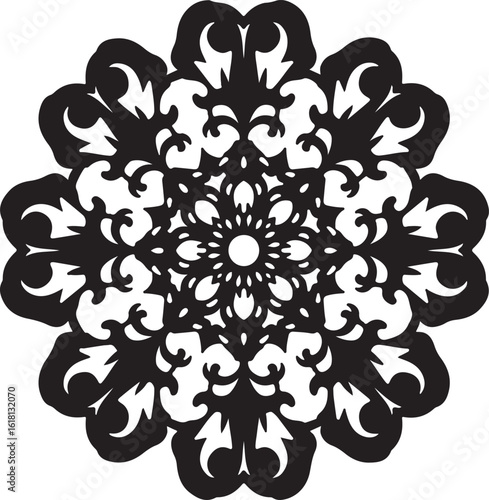 Intricate Circular Mandala Laser Cut Design features a stunning blend of floral and geometric symmetry, rendered in a precise black vector 