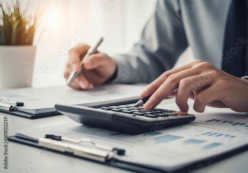 Person using a calculator and pen at a desk with financial papers