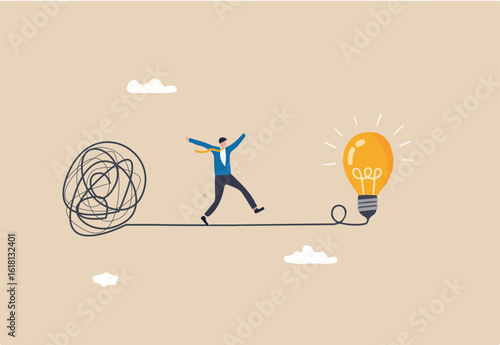 Simplify idea to find solution, thinking process or creativity to solve problem, discover easy way to understand concept, smart businessman walking away from mess chaos line to simple lightbulb idea.