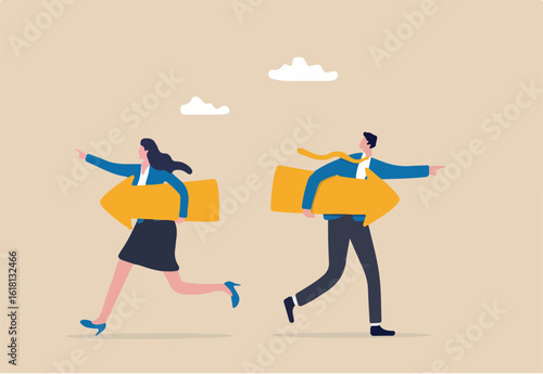 Different individual way, different business direction or team conflict, opposite decision, contrast or disagreement concept, businessman and businesswoman holding arrow running in opposite position.