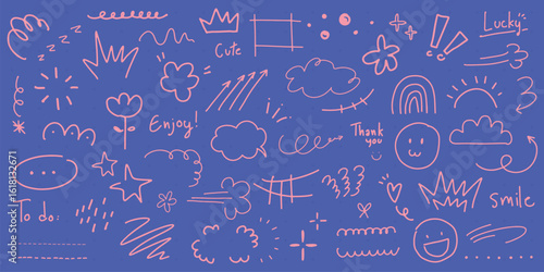 Playful doodles on a blue background. Doodles include clouds, stars, and smiley faces. Cute and fun doodles with a whimsical style. Enjoy these doodles! Colorful doodle elements, vector set.
