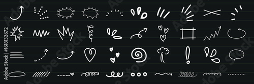 Chalkboard doodles with arrows, hearts, and swirls. Hand-drawn arrows, hearts, and swirls. Creative chalkboard doodles featuring arrows, hearts, and swirls. White doodle elements, vector set.