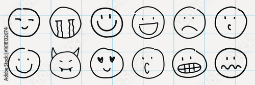 Hand-drawn emoticons on grid paper. Emoticons show various expressions: happy, sad, angry, surprised. Simple emoticons, expressive emoticons, playful emoticons. Hand drawn social media icons, vectors.