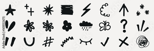 A collection of hand-drawn doodles including stars, arrows, flowers, and symbols. Playful doodles, expressive symbols, and creative sketches in black ink. Black hand drawn elements, vector set.